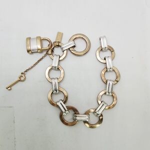 Canvas Two Tone Silver Gold Padlock Lock & Key Charm Link Ring Chain Bracelet 8"